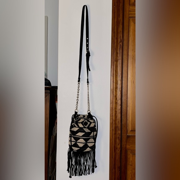 AEO American Eagle NEW Fabric Aztec Suede Fringe Drawstring Crossbody Bag - Picture 9 of 14